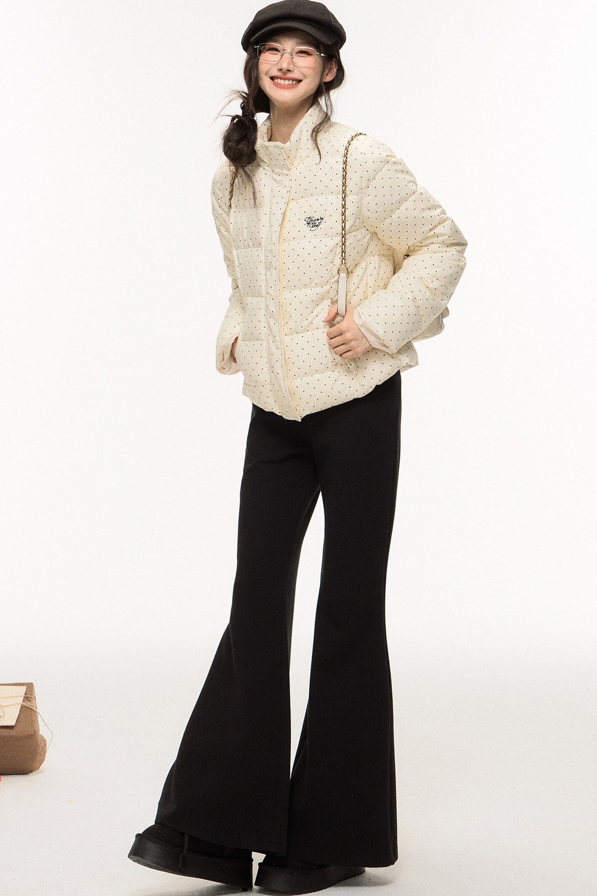 Polka Dot Puffy Jacket and Bell Bottom Pants Set-Up
