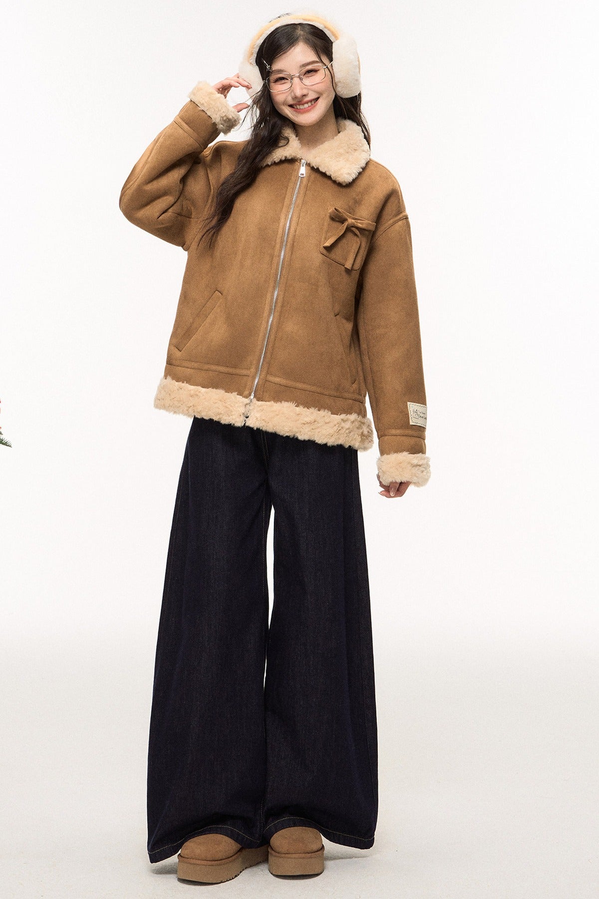 Lamb Fur Coat and Washed Blue Jeans Set-Up