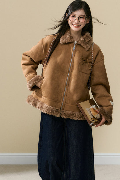 Lamb Fur Coat and Washed Blue Jeans Set-Up