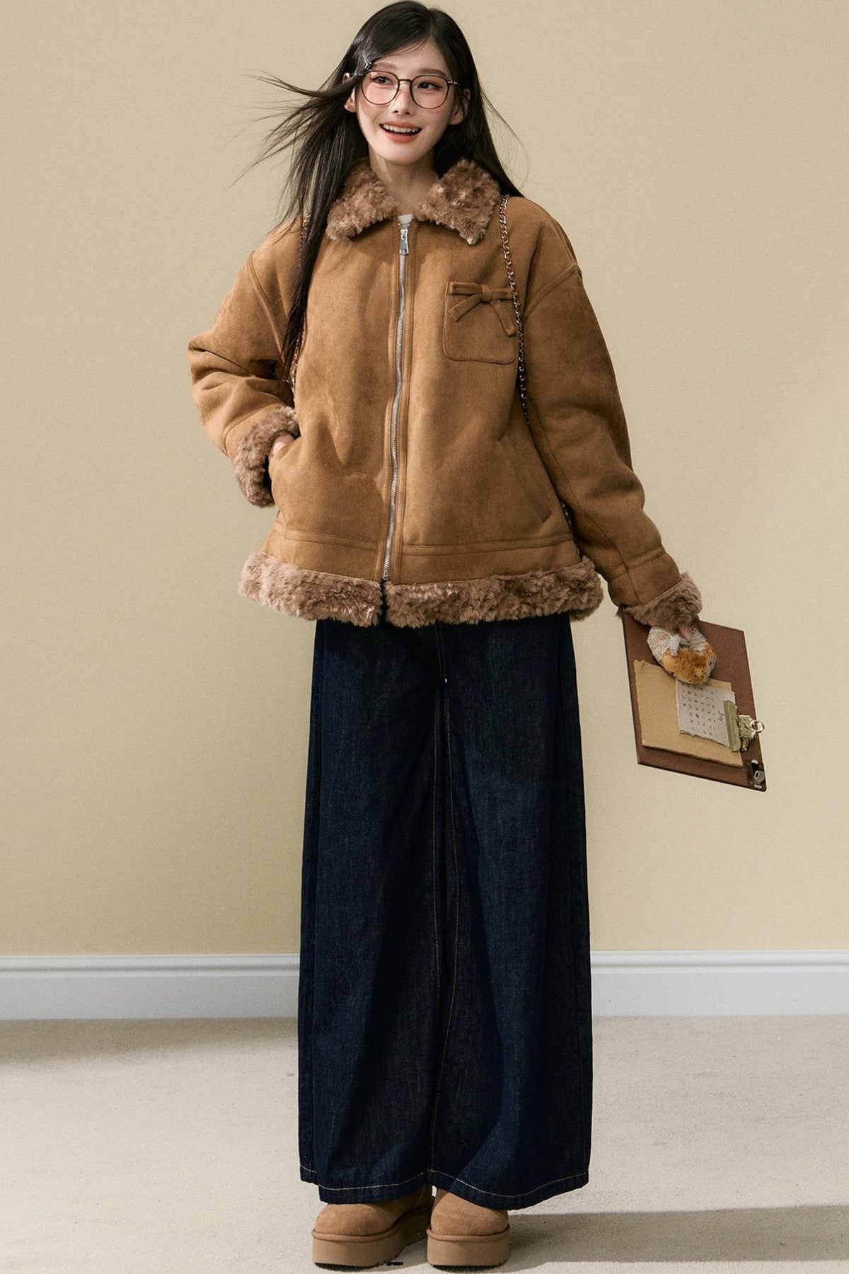 Lamb Fur Coat and Washed Blue Jeans Set-Up
