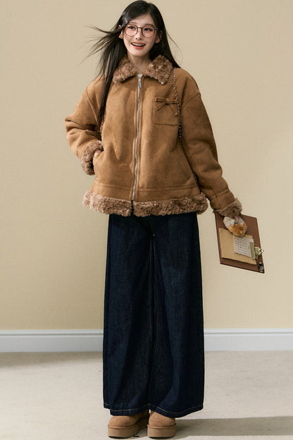 Lamb Fur Coat and Washed Blue Jeans Set-Up