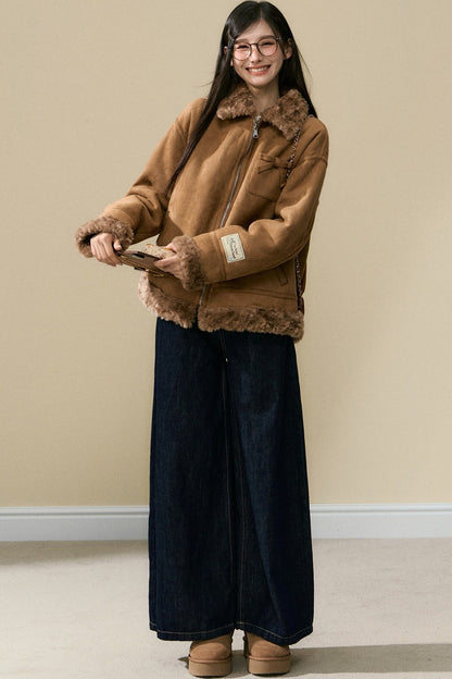 Lamb Fur Coat and Washed Blue Jeans Set-Up