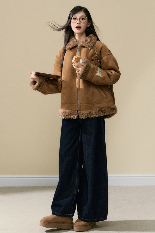 Lamb Fur Coat and Washed Blue Jeans Set-Up