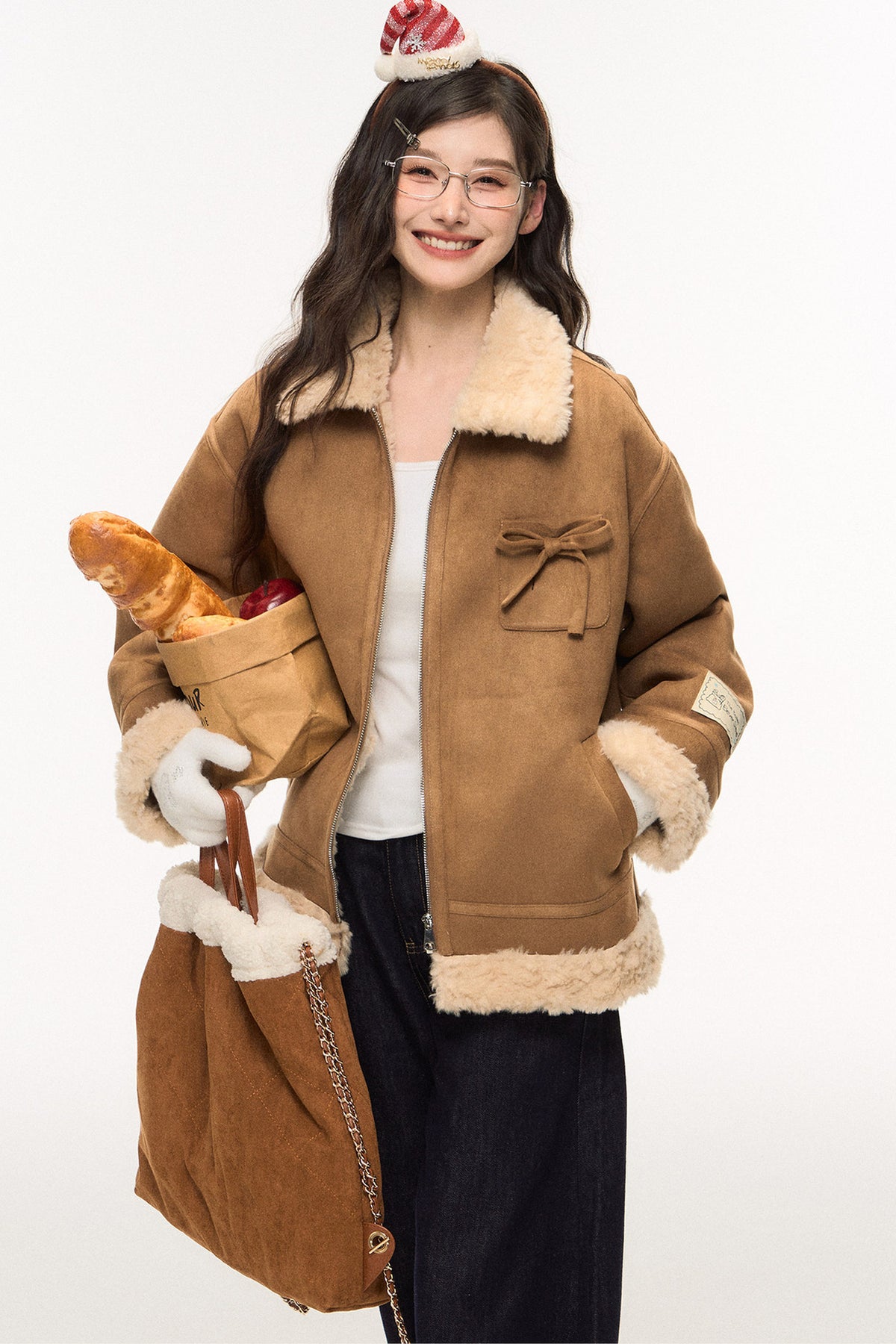 Lamb Fur Coat and Washed Blue Jeans Set-Up