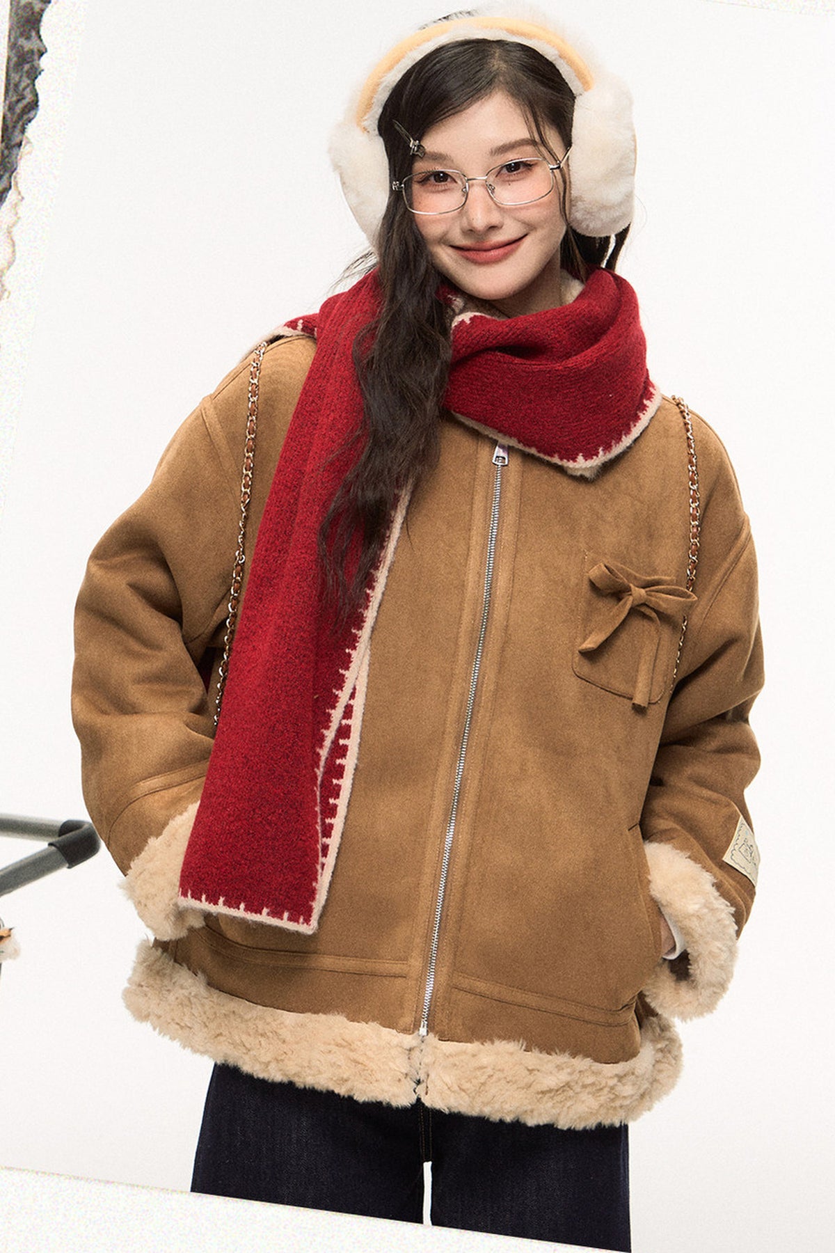 Lamb Fur Coat and Washed Blue Jeans Set-Up