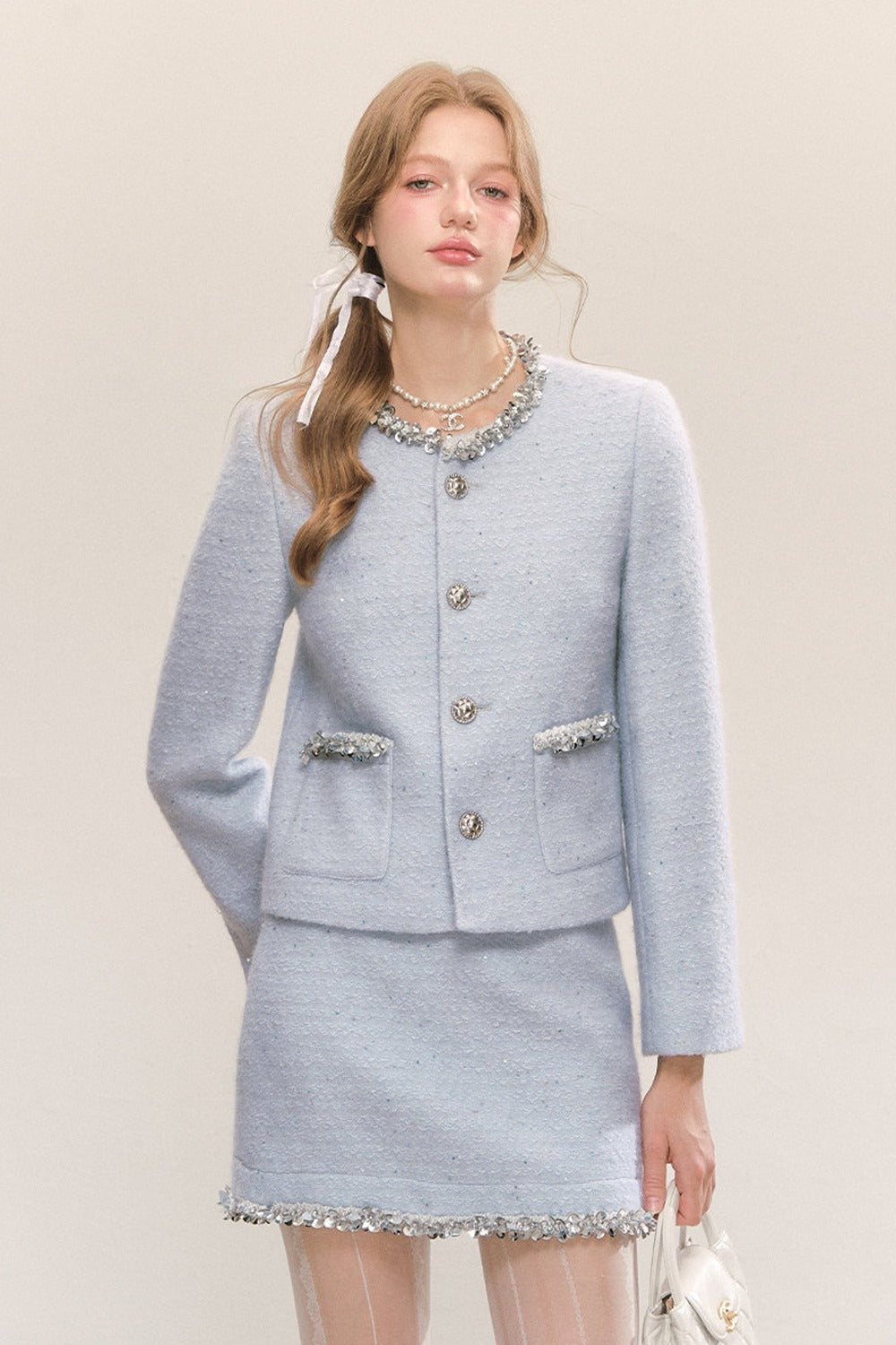 Blue Sequin Tweed Coat and Skirt Set-Up