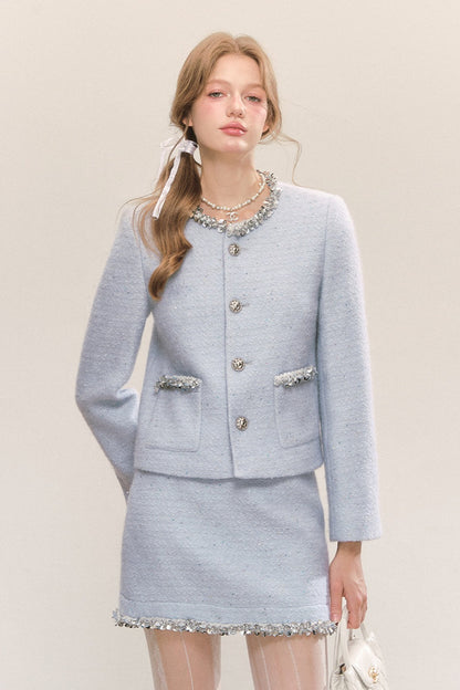 Blue Sequin Tweed Coat and Skirt Set-Up