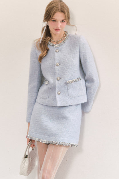Blue Sequin Tweed Coat and Skirt Set-Up