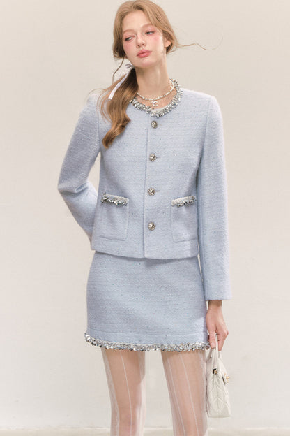 Blue Sequin Tweed Coat and Skirt Set-Up