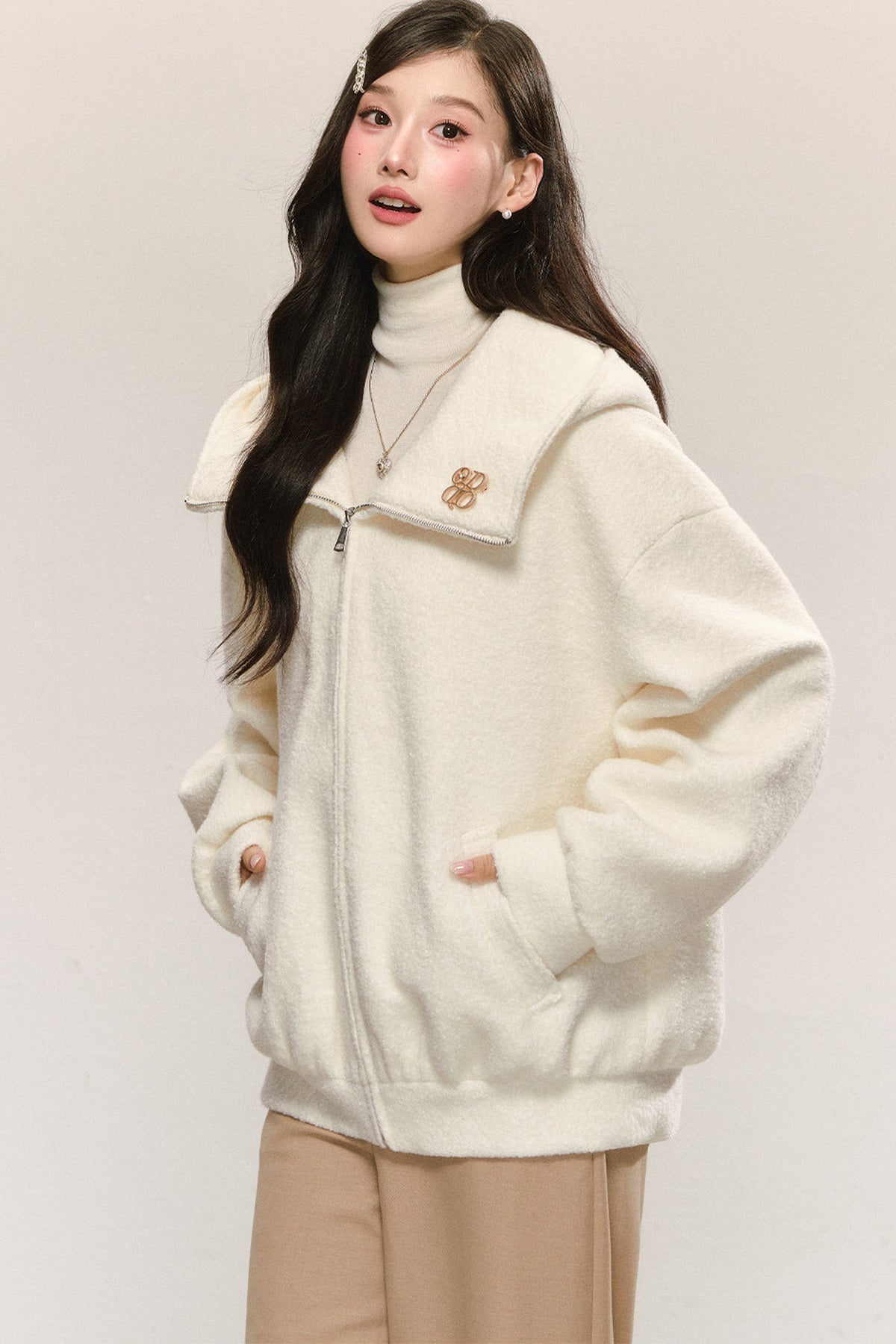 White Looped Wool Hooded Jacket
