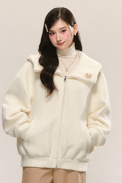 White Looped Wool Hooded Jacket