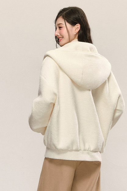 White Looped Wool Hooded Jacket