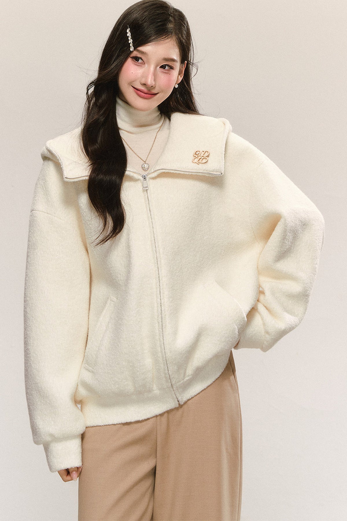 White Looped Wool Hooded Jacket