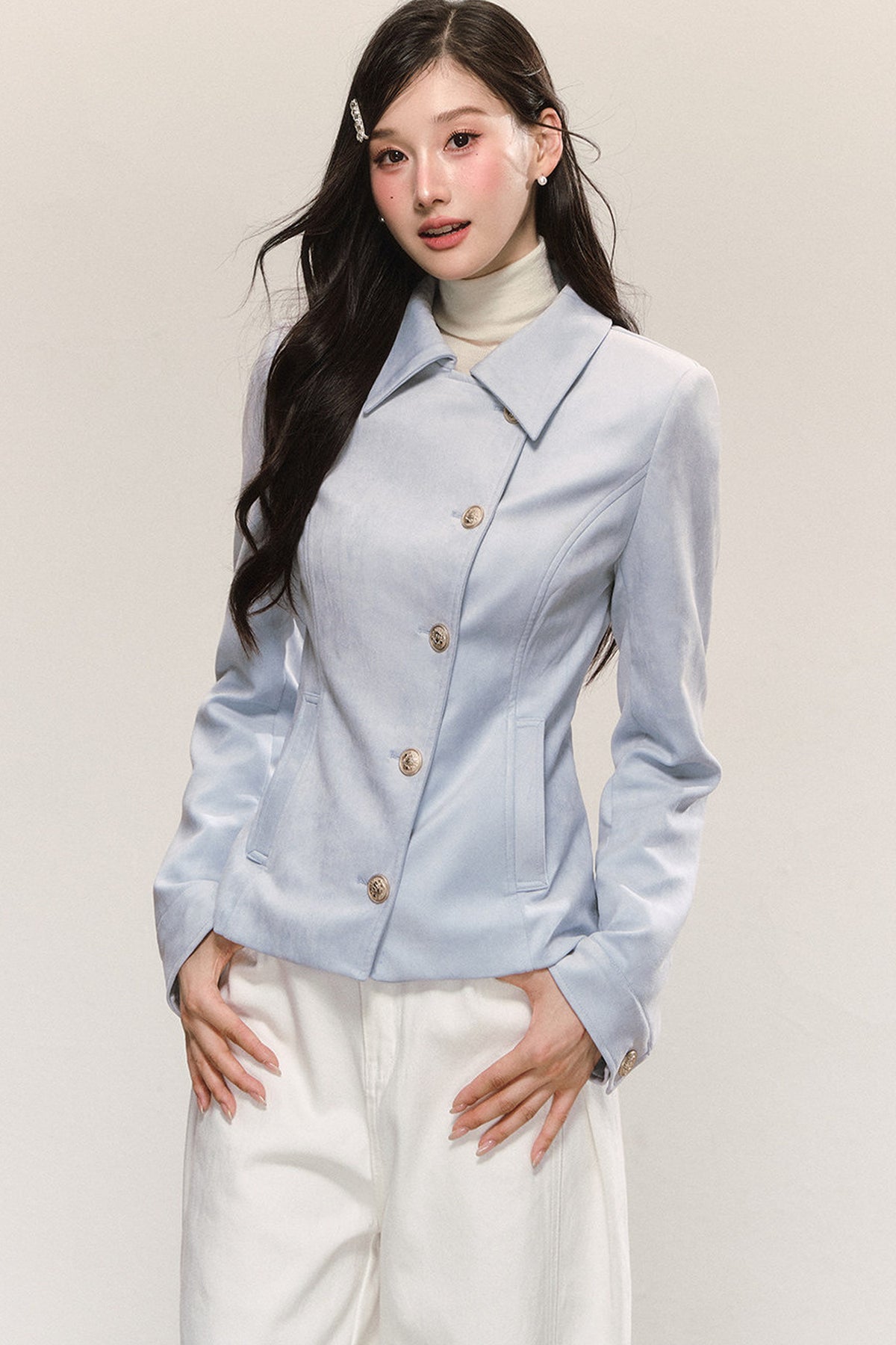 Blue Asymmetric Collar Tops
