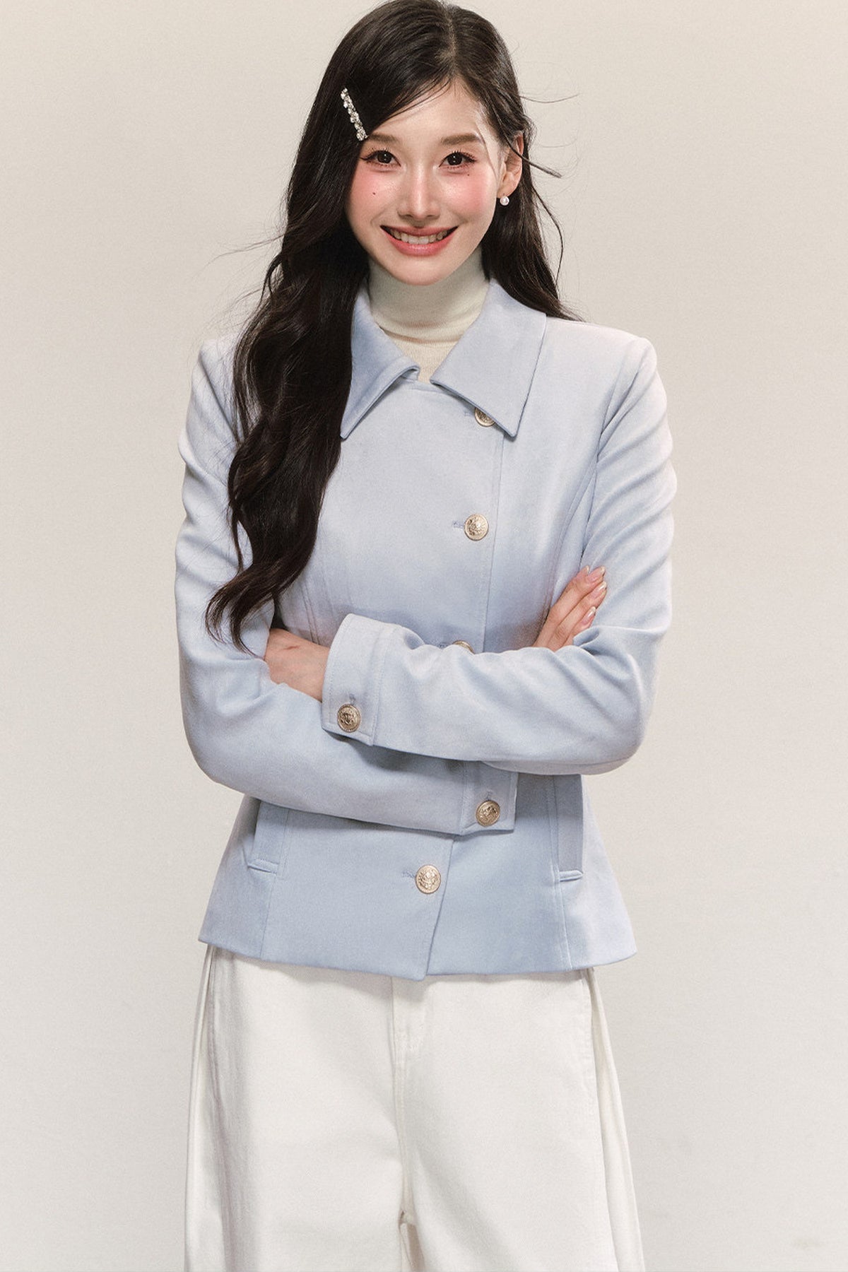 Blue Asymmetric Collar Tops