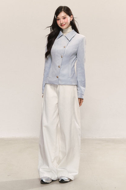 Blue Asymmetric Collar Tops