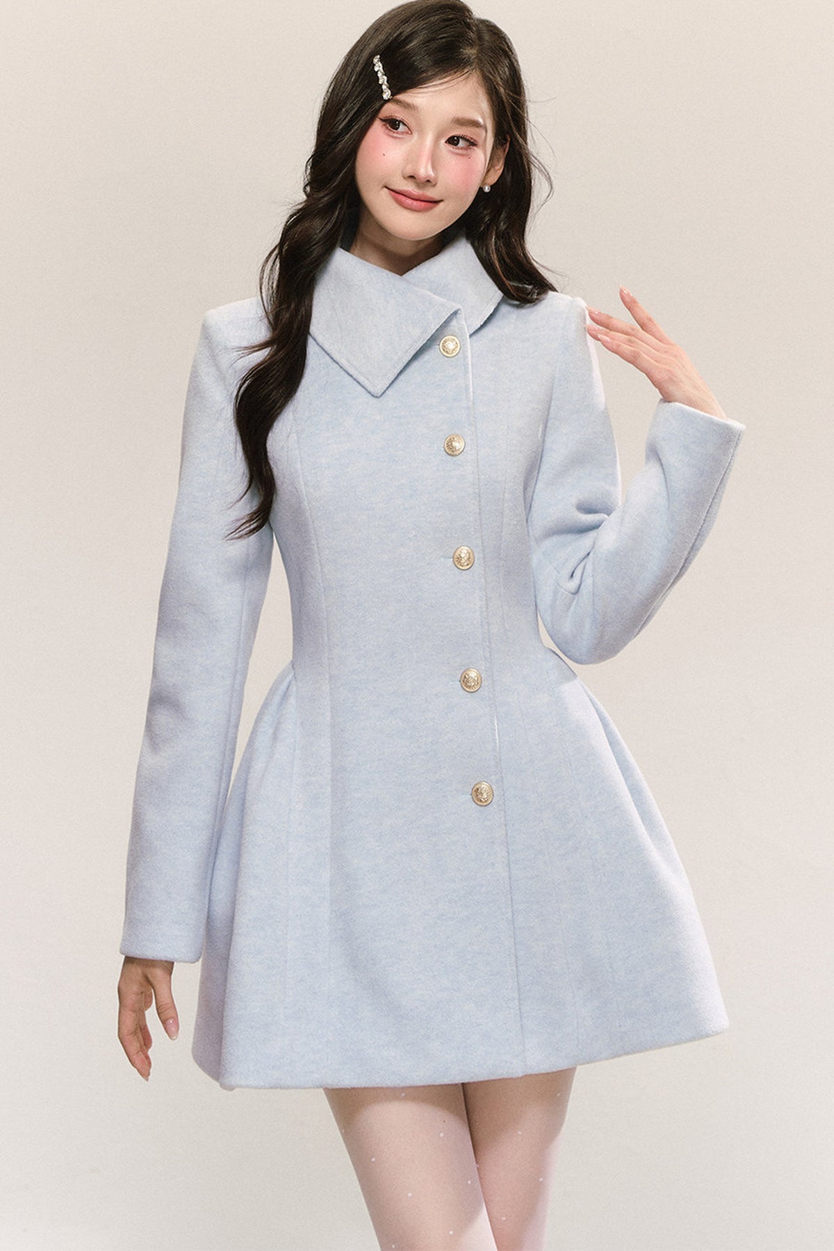Blue Pleated Woolen Coat Dress