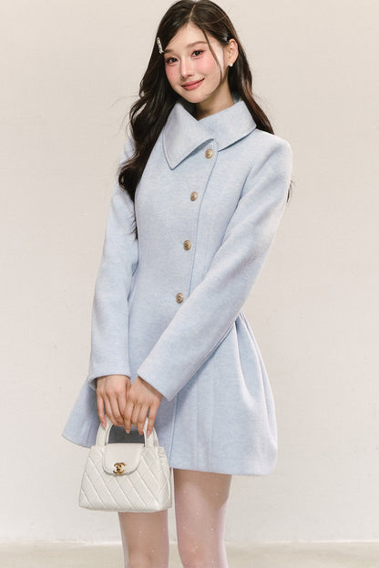 Blue Pleated Woolen Coat Dress
