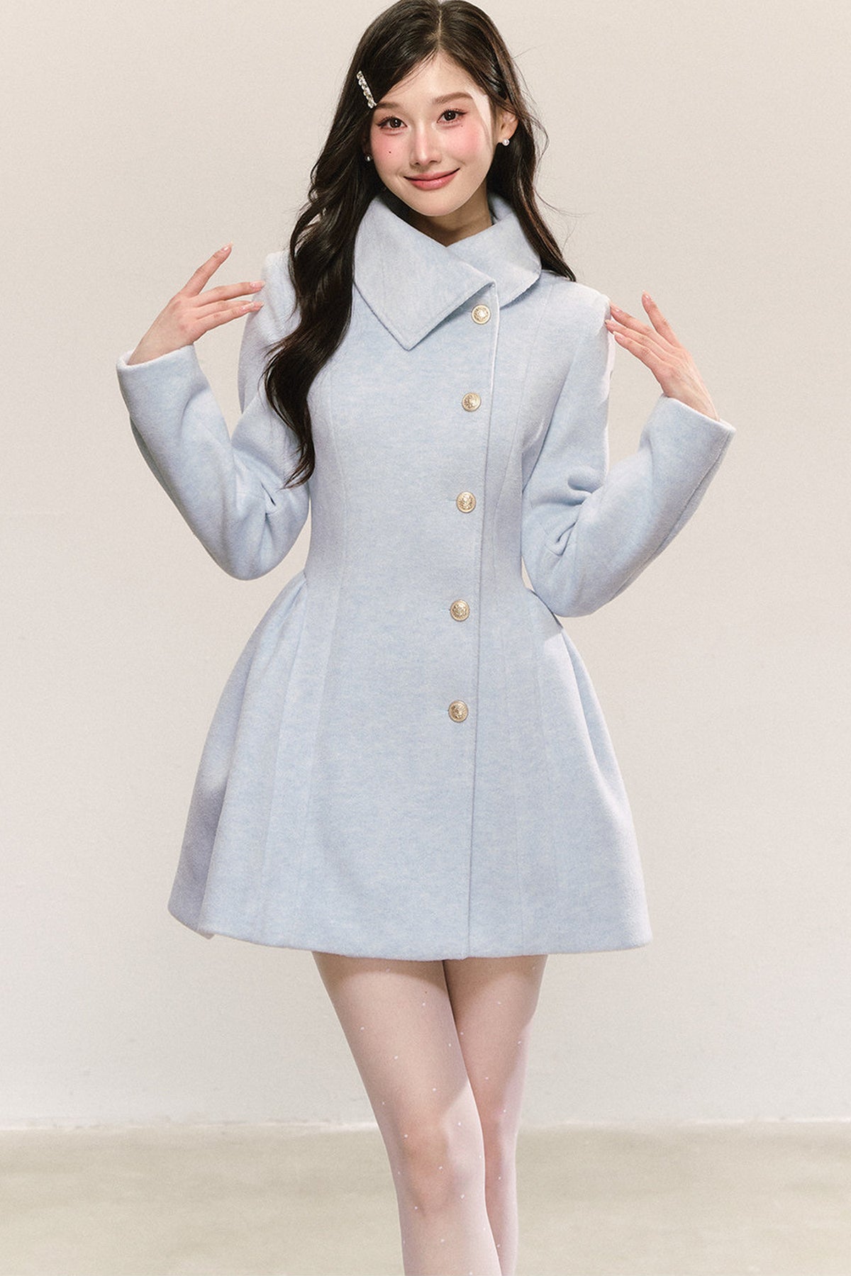 Blue Pleated Woolen Coat Dress