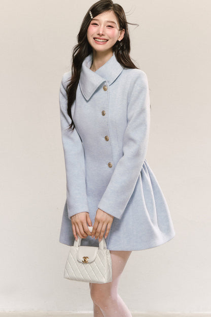 Blue Pleated Woolen Coat Dress