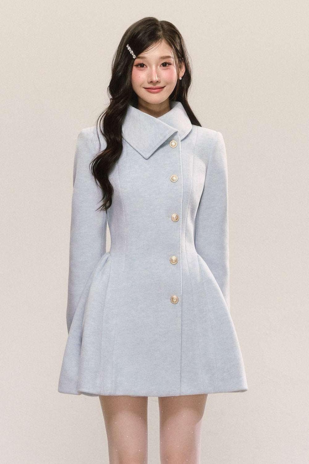 Blue Pleated Woolen Coat Dress