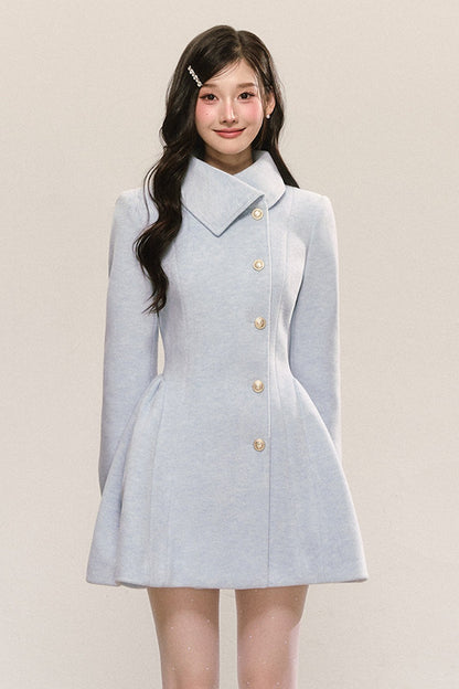 Blue Pleated Woolen Coat Dress