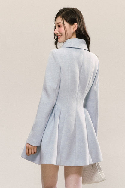 Blue Pleated Woolen Coat Dress