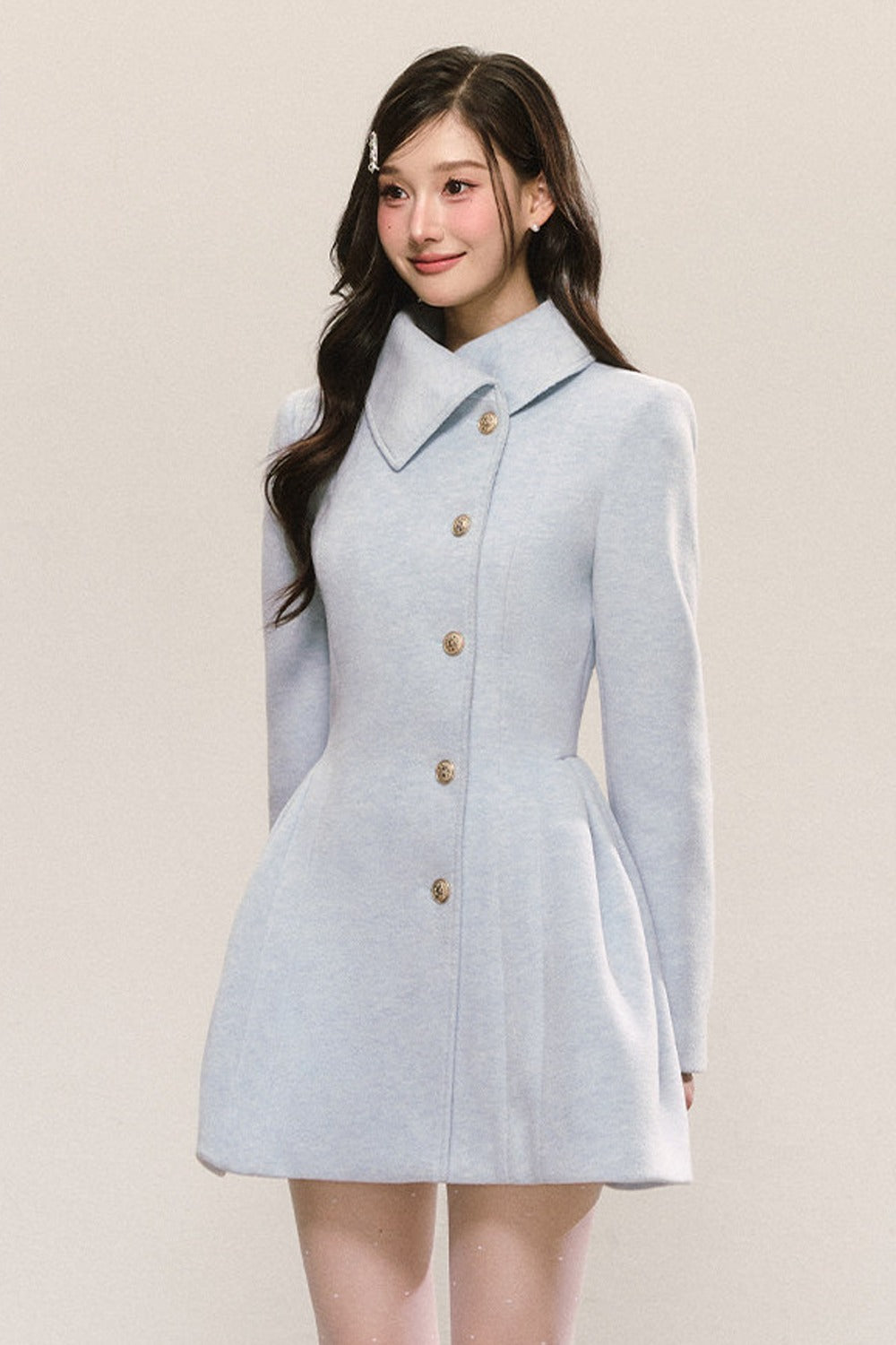 Blue Pleated Woolen Coat Dress