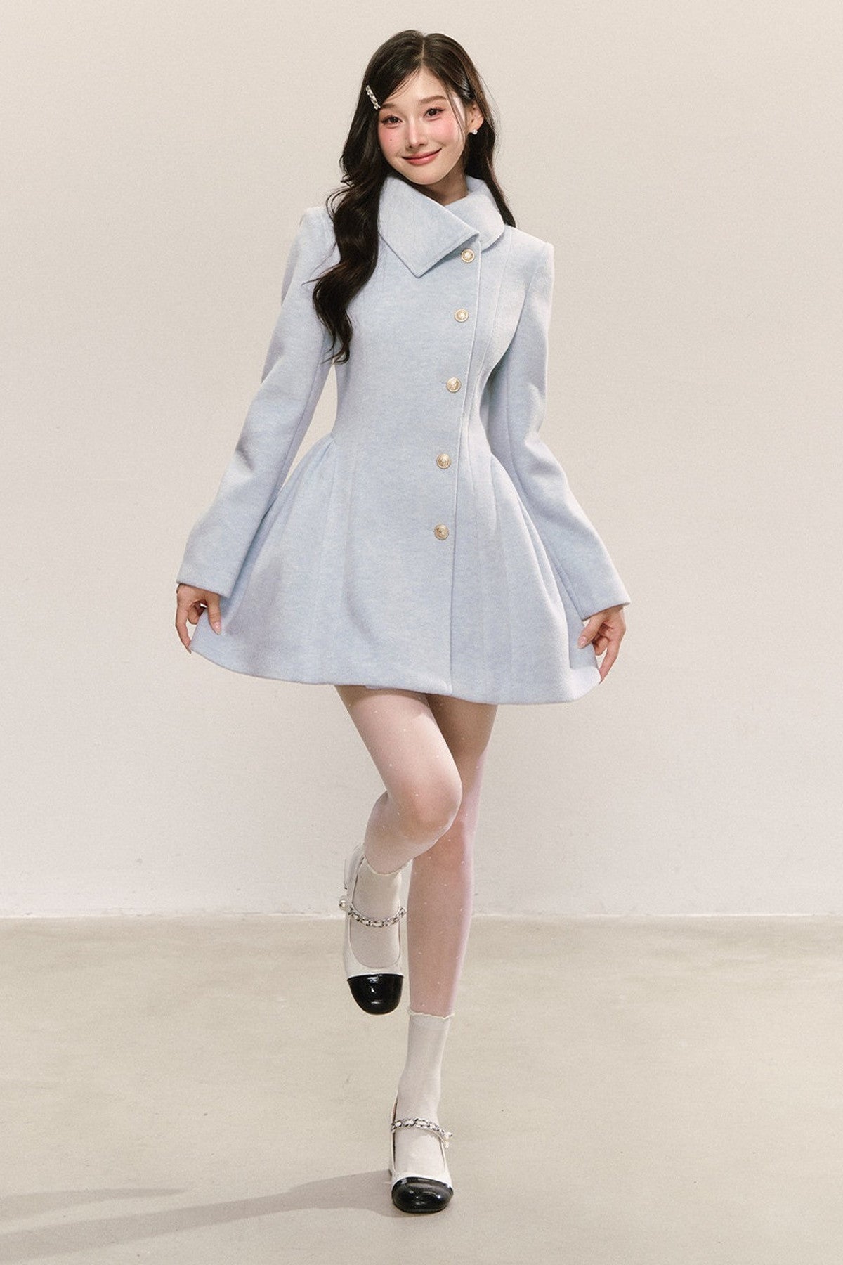 Blue Pleated Woolen Coat Dress