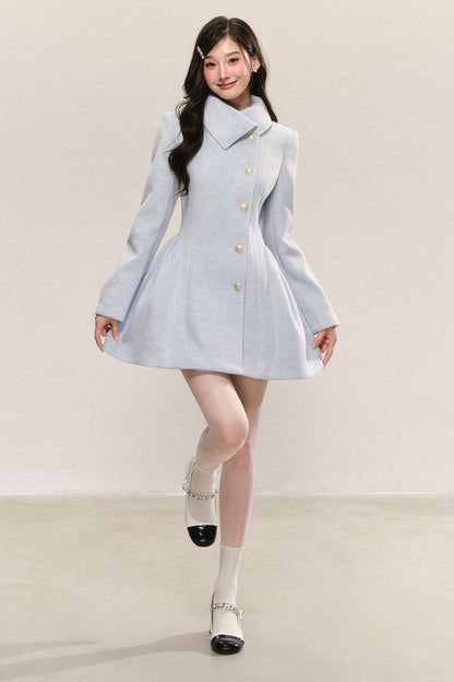 Blue Pleated Woolen Coat Dress