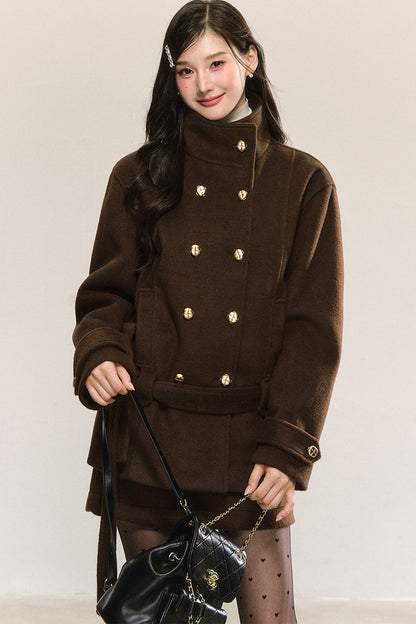 Elegant Double-Breasted Woolen Coat and Skirt Set-Up
