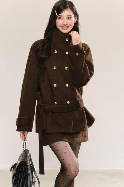 Elegant Double-Breasted Woolen Coat and Skirt Set-Up