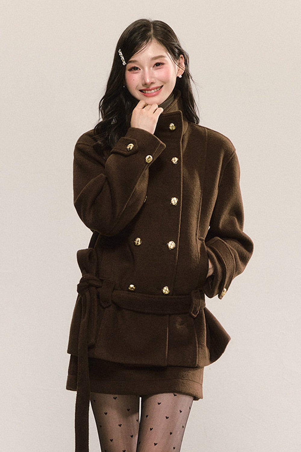 Elegant Double-Breasted Woolen Coat and Skirt Set-Up