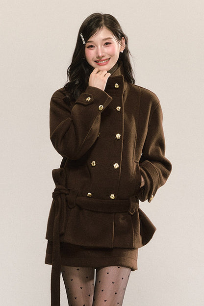 Elegant Double-Breasted Woolen Coat and Skirt Set-Up