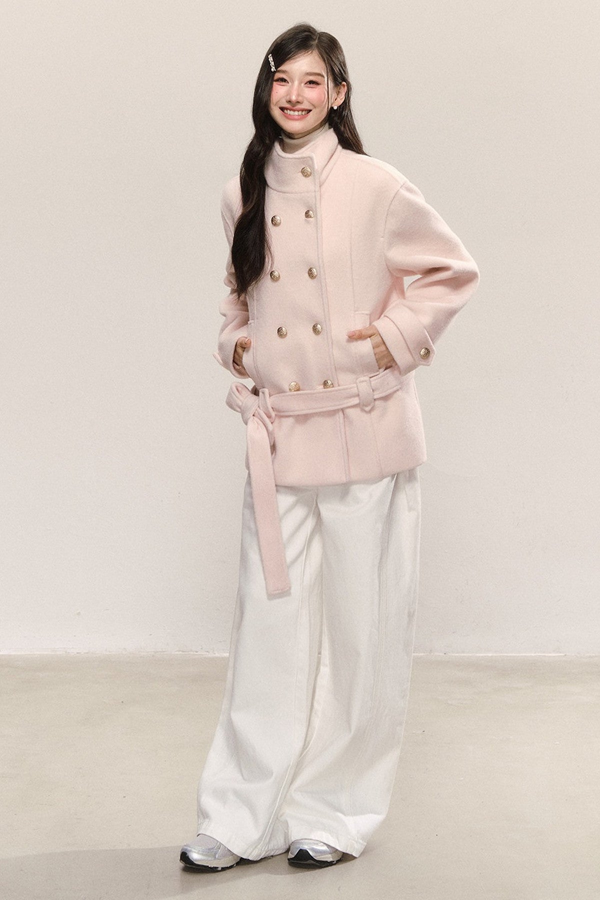 Elegant Double-Breasted Woolen Coat and Skirt Set-Up
