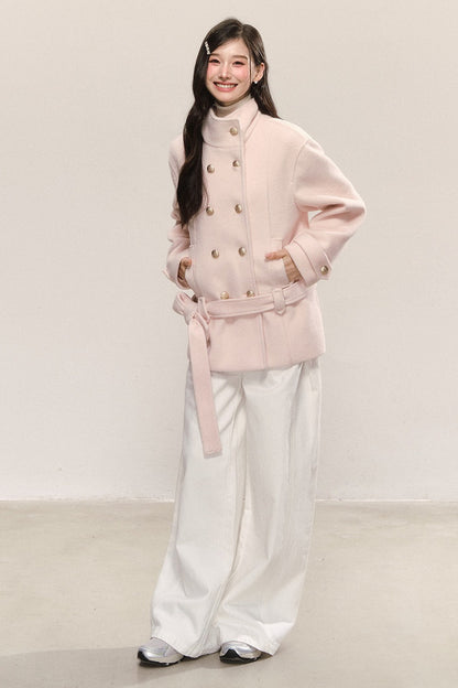 Elegant Double-Breasted Woolen Coat and Skirt Set-Up