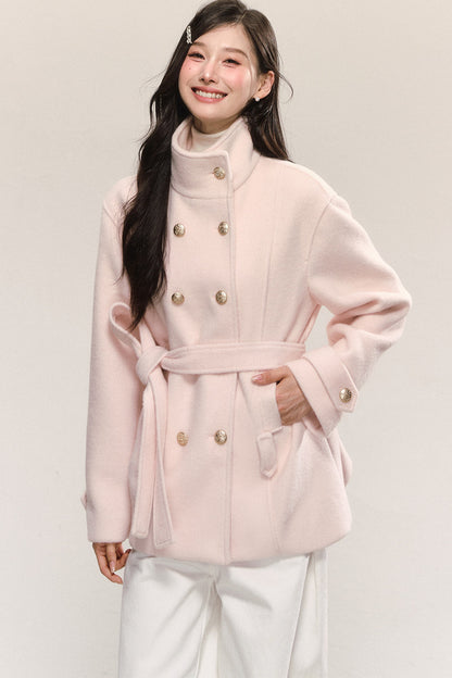 Elegant Double-Breasted Woolen Coat and Skirt Set-Up