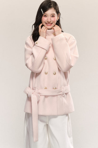 Elegant Double-Breasted Woolen Coat and Skirt Set-Up