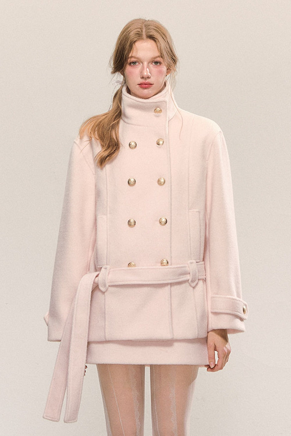 Elegant Double-Breasted Woolen Coat and Skirt Set-Up