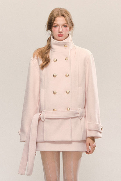 Elegant Double-Breasted Woolen Coat and Skirt Set-Up