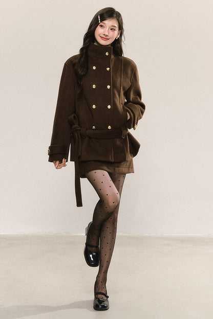 Elegant Double-Breasted Woolen Coat and Skirt Set-Up