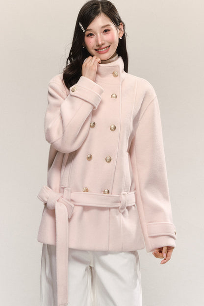 Elegant Double-Breasted Woolen Coat and Skirt Set-Up