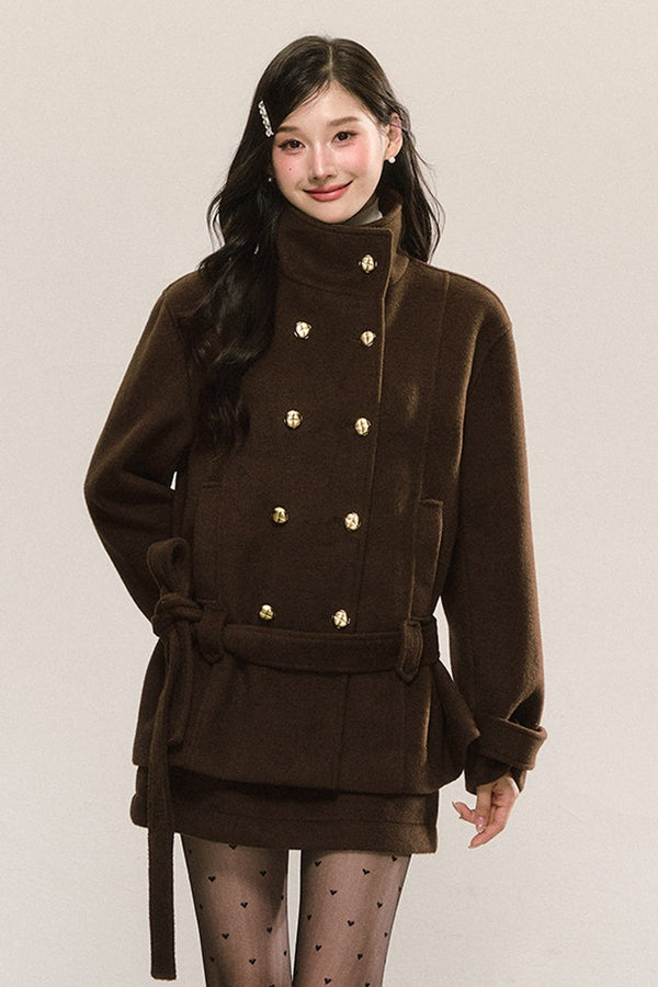 Elegant Double-Breasted Woolen Coat and Skirt Set-Up