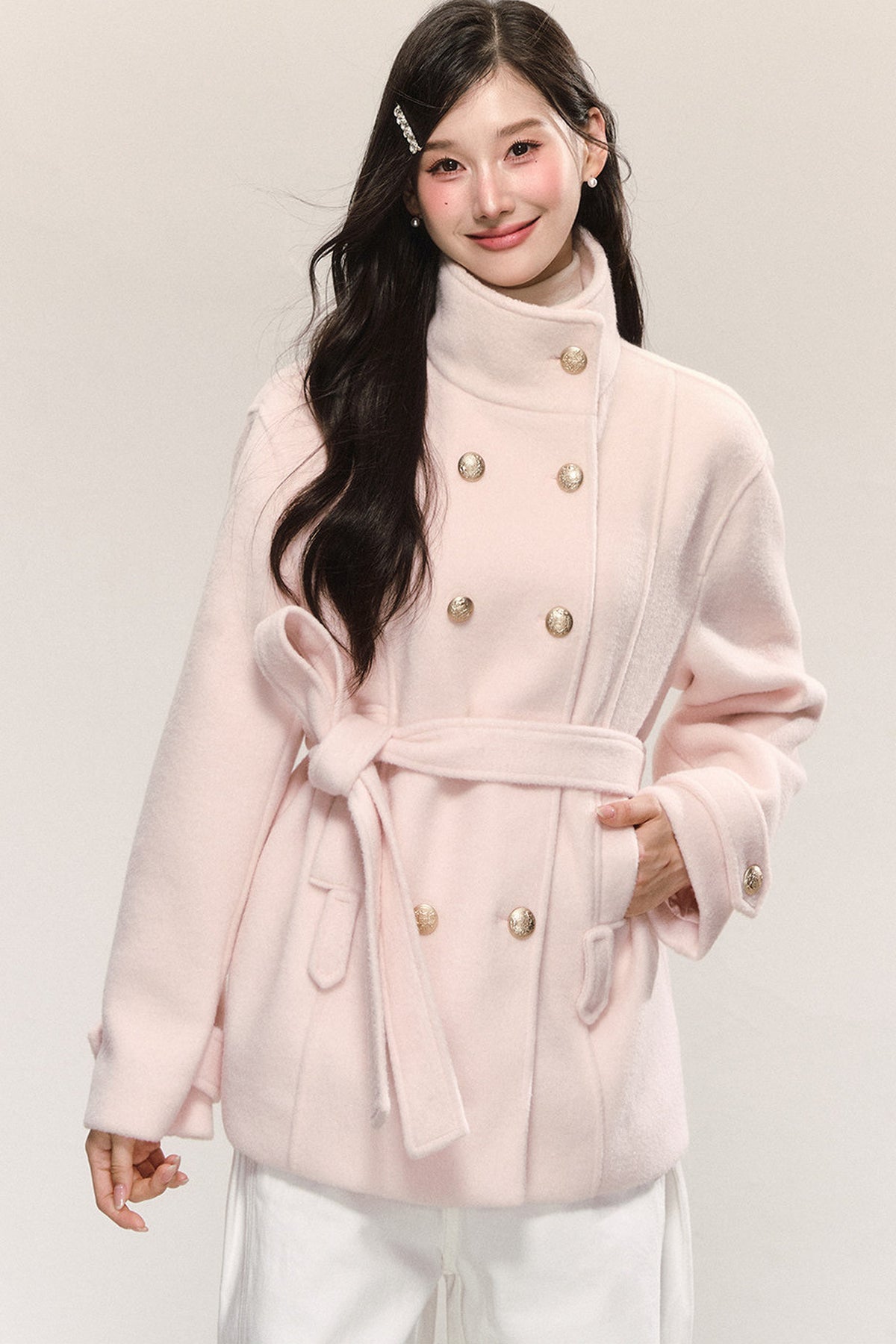 Elegant Double-Breasted Woolen Coat and Skirt Set-Up