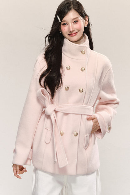 Elegant Double-Breasted Woolen Coat and Skirt Set-Up