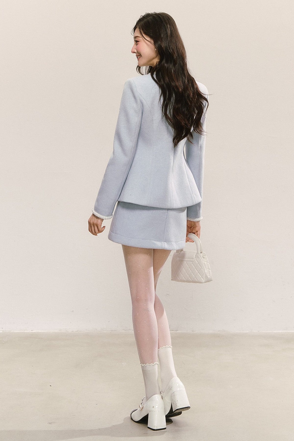 Pearl Round Neck Woolen Coat and Skirt Set-Up