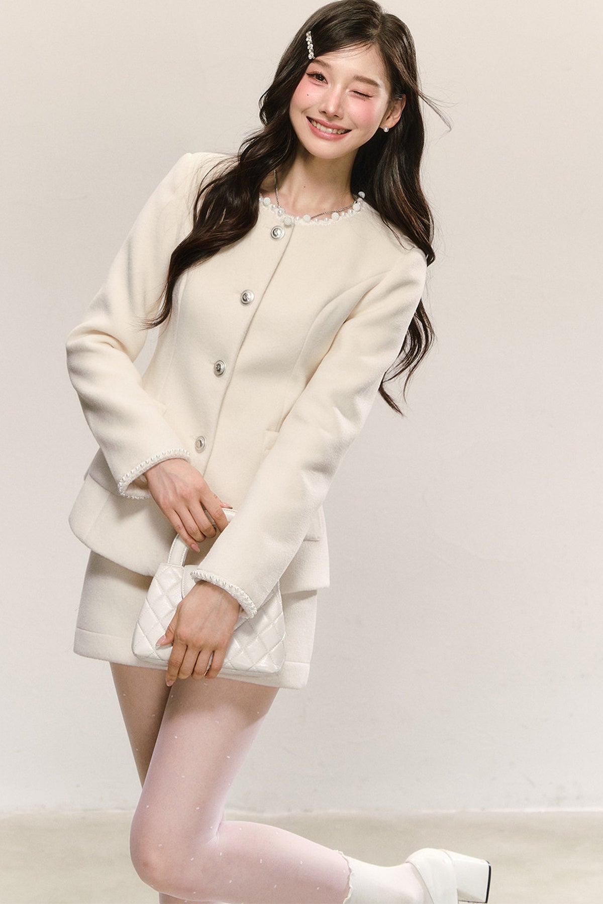 Pearl Round Neck Woolen Coat and Skirt Set-Up