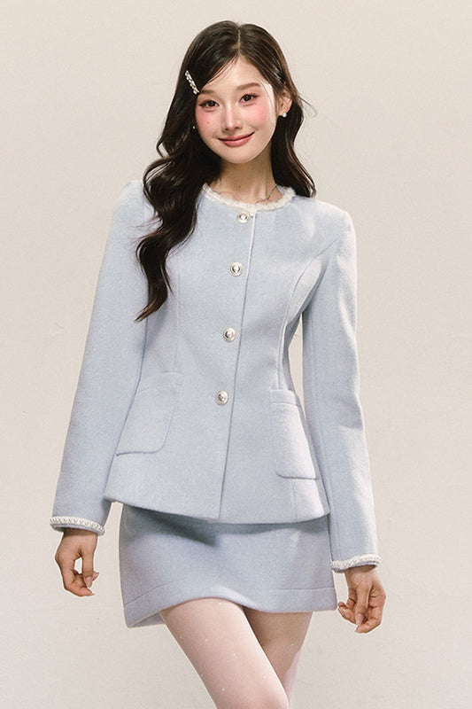 Pearl Round Neck Woolen Coat and Skirt Set-Up