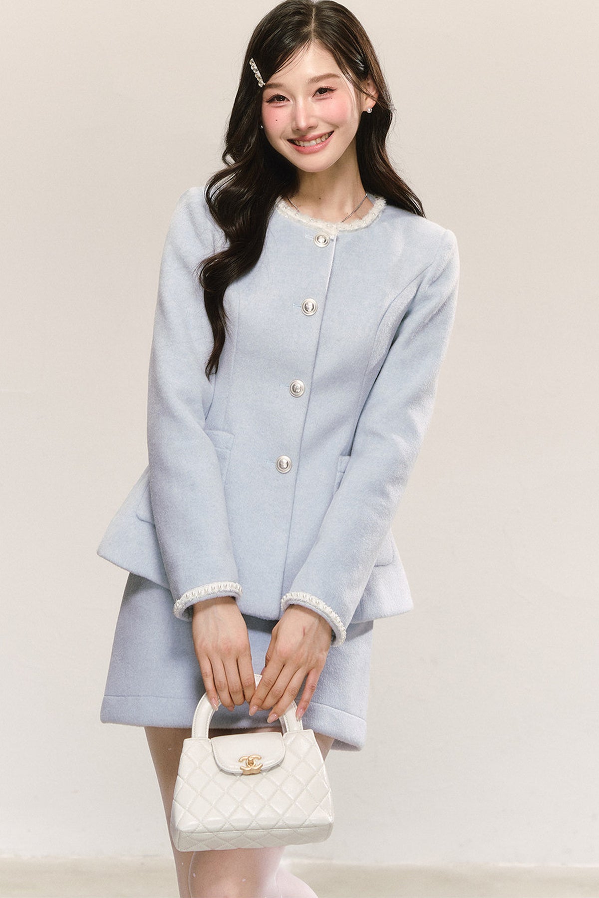 Pearl Round Neck Woolen Coat and Skirt Set-Up