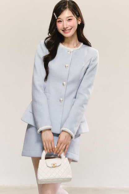 Pearl Round Neck Woolen Coat and Skirt Set-Up